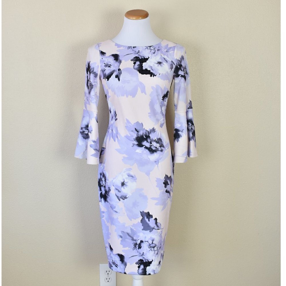 Calvin Klein Floral Sheath Dress Bell Sleeves 2 - Picture 1 of 8